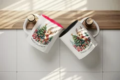 Watercolor cute reindeer tree gifts round format Merry Christmas quote print 20oz tumbler skinny mug wrap clipart t-shirt sublimation printable design