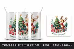 Watercolor cute reindeer tree gifts round format Merry Christmas quote print 20oz tumbler skinny mug wrap clipart t-shirt sublimation printable design