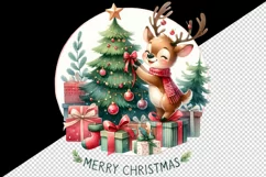Watercolor cute reindeer tree gifts round format Merry Christmas quote print 20oz tumbler skinny mug wrap clipart t-shirt sublimation printable design