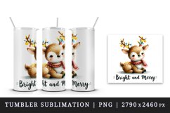 Watercolor cute reindeer twinkling lights Bright Merry Christmas quote print 20oz tumbler skinny mug wrap clipart t-shirt sublimation printable design