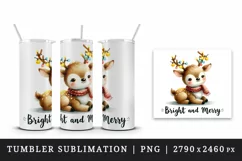 Watercolor cute reindeer twinkling lights Bright Merry Christmas quote print 20oz tumbler skinny mug wrap clipart t-shirt sublimation printable design