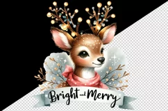 Watercolor cute reindeer twinkling lights Bright Merry Christmas quote print 20oz tumbler skinny mug wrap clipart t-shirt sublimation printable design