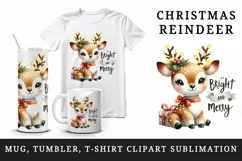 Watercolor cute reindeer twinkling lights Bright Merry Christmas quote print 20oz tumbler skinny mug wrap clipart t-shirt sublimation printable design