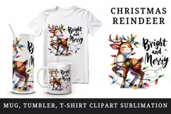 Watercolor cute reindeer twinkling lights Bright Merry Christmas quote print 20oz tumbler skinny mug wrap clipart t-shirt sublimation printable design