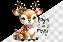 Watercolor cute reindeer twinkling lights Bright Merry Christmas quote print 20oz tumbler skinny mug wrap clipart t-shirt sublimation printable design