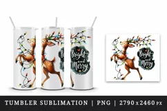 Watercolor cute reindeer twinkling lights Bright Merry Christmas quote print 20oz tumbler skinny mug wrap clipart t-shirt sublimation printable design