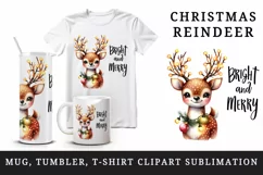 Watercolor cute reindeer twinkling lights Bright Merry Christmas quote print 20oz tumbler skinny mug wrap clipart t-shirt sublimation printable design