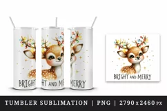 Watercolor cute reindeer twinkling lights Bright Merry Christmas quote print 20oz tumbler skinny mug wrap clipart t-shirt sublimation printable design