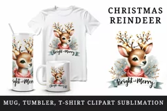 Watercolor cute reindeer twinkling lights Bright Merry Christmas quote print 20oz tumbler skinny mug wrap clipart t-shirt sublimation printable design