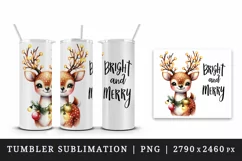 Watercolor cute reindeer twinkling lights Bright Merry Christmas quote print 20oz tumbler skinny mug wrap clipart t-shirt sublimation printable design