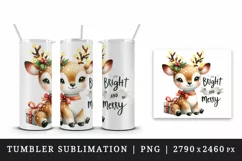 Watercolor cute reindeer twinkling lights Bright Merry Christmas quote print 20oz tumbler skinny mug wrap clipart t-shirt sublimation printable design