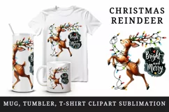 Watercolor cute reindeer twinkling lights Bright Merry Christmas quote print 20oz tumbler skinny mug wrap clipart t-shirt sublimation printable design