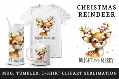 Watercolor cute reindeer twinkling lights Bright Merry Christmas quote print 20oz tumbler skinny mug wrap clipart t-shirt sublimation printable design