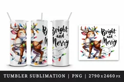 Watercolor cute reindeer twinkling lights Bright Merry Christmas quote print 20oz tumbler skinny mug wrap clipart t-shirt sublimation printable design