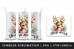 Watercolor cute reindeer twinkling lights Bright Merry Christmas quote print 20oz tumbler skinny mug wrap clipart t-shirt sublimation printable design