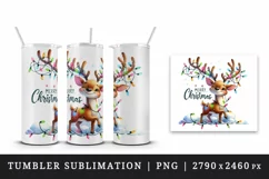 Watercolor cute reindeer twinkling lights Merry Christmas quote print 20 oz tumbler skinny mug wrap clipart t-shirt sublimation printable design