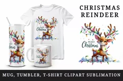 Watercolor cute reindeer twinkling lights Merry Christmas quote print 20 oz tumbler skinny mug wrap clipart t-shirt sublimation printable design