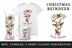 Watercolor cute reindeer under mistletoe Merry Christmas quote print 20 oz tumbler skinny mug wrap clipart t-shirt sublimation printable design