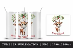 Watercolor cute reindeer under mistletoe Merry Christmas quote print 20 oz tumbler skinny mug wrap clipart t-shirt sublimation printable design
