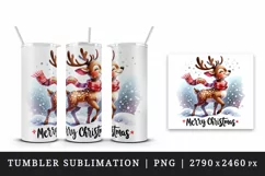 Watercolor cute reindeer wearing festive scarf Merry Christmas quote print 20 oz tumbler skinny mug wrap clipart t-shirt sublimation printable design