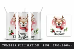 Watercolor cute reindeer wearing festive scarf Merry Christmas quote print 20 oz tumbler skinny mug wrap clipart t-shirt sublimation printable design