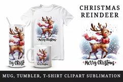Watercolor cute reindeer wearing festive scarf Merry Christmas quote print 20 oz tumbler skinny mug wrap clipart t-shirt sublimation printable design