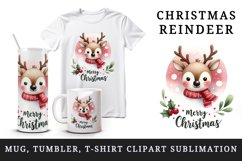 Watercolor cute reindeer wearing festive scarf Merry Christmas quote print 20 oz tumbler skinny mug wrap clipart t-shirt sublimation printable design