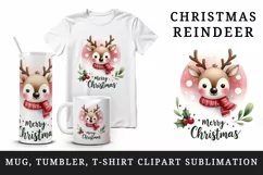 Watercolor cute reindeer wearing festive scarf Merry Christmas quote print 20 oz tumbler skinny mug wrap clipart t-shirt sublimation printable design