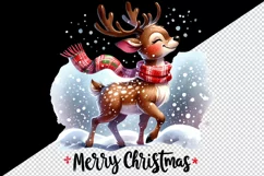 Watercolor cute reindeer wearing festive scarf Merry Christmas quote print 20 oz tumbler skinny mug wrap clipart t-shirt sublimation printable design