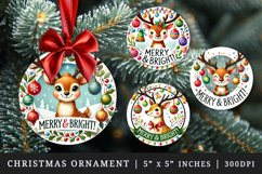 Watercolor cute reindeer with ornaments Merry and Bright quote Christmas New Year winter print round ornament ornaments sublimation design