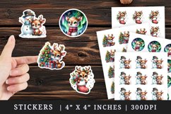 Watercolor cute reindeer with snowman stocking starry night sky Christmas tree New Year winter print sticker sheet stickers printable sublimation design png