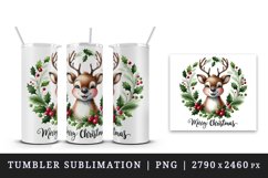 Watercolor cute reindeer wreath of holly berries Merry Christmas quote print 20oz tumbler skinny mug wrap clipart t-shirt sublimation printable design