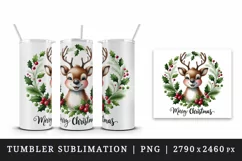Watercolor cute reindeer wreath of holly berries Merry Christmas quote print 20oz tumbler skinny mug wrap clipart t-shirt sublimation printable design