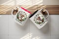 Watercolor cute reindeer wreath of holly berries Merry Christmas quote print 20oz tumbler skinny mug wrap clipart t-shirt sublimation printable design