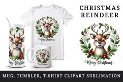 Watercolor cute reindeer wreath of holly berries Merry Christmas quote print 20oz tumbler skinny mug wrap clipart t-shirt sublimation printable design