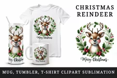 Watercolor cute reindeer wreath of holly berries Merry Christmas quote print 20oz tumbler skinny mug wrap clipart t-shirt sublimation printable design