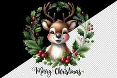 Watercolor cute reindeer wreath of holly berries Merry Christmas quote print 20oz tumbler skinny mug wrap clipart t-shirt sublimation printable design