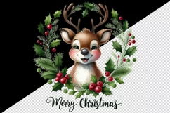 Watercolor cute reindeer wreath of holly berries Merry Christmas quote print 20oz tumbler skinny mug wrap clipart t-shirt sublimation printable design