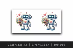 Watercolor cute robot bouquet of flowers heart love Valentine Day print 20 oz tumbler skinny mug wrap clipart t-shirt sublimation printable design