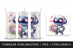 Watercolor cute robot bouquet of flowers heart love Valentine Day print 20 oz tumbler skinny mug wrap clipart t-shirt sublimation printable design