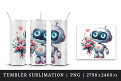 Watercolor cute robot bouquet of flowers heart love Valentine Day print 20 oz tumbler skinny mug wrap clipart t-shirt sublimation printable design