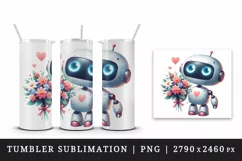 Watercolor cute robot bouquet of flowers heart love Valentine Day print 20 oz tumbler skinny mug wrap clipart t-shirt sublimation printable design