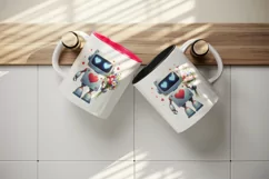 Watercolor cute robot bouquet of flowers heart love Valentine Day print 20 oz tumbler skinny mug wrap clipart t-shirt sublimation printable design