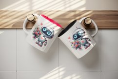 Watercolor cute robot bouquet of flowers heart love Valentine Day print 20 oz tumbler skinny mug wrap clipart t-shirt sublimation printable design