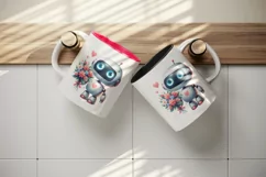 Watercolor cute robot bouquet of flowers heart love Valentine Day print 20 oz tumbler skinny mug wrap clipart t-shirt sublimation printable design