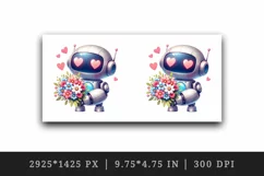 Watercolor cute robot bouquet of flowers heart love Valentine Day print 20 oz tumbler skinny mug wrap clipart t-shirt sublimation printable design