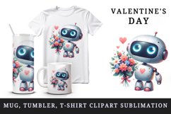 Watercolor cute robot bouquet of flowers heart love Valentine Day print 20 oz tumbler skinny mug wrap clipart t-shirt sublimation printable design