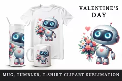 Watercolor cute robot bouquet of flowers heart love Valentine Day print 20 oz tumbler skinny mug wrap clipart t-shirt sublimation printable design