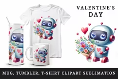 Watercolor cute robot bouquet of flowers heart love Valentine Day print 20 oz tumbler skinny mug wrap clipart t-shirt sublimation printable design