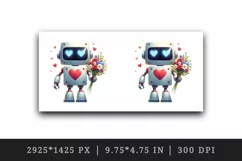 Watercolor cute robot bouquet of flowers heart love Valentine Day print 20 oz tumbler skinny mug wrap clipart t-shirt sublimation printable design